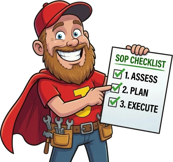 The JLP hero pointing at an SOP checklist: assess, plan, execute