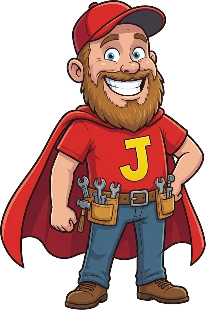 Cartoon of Justin as a friendly superhero — red cape, red cap, tool belt, big smile
