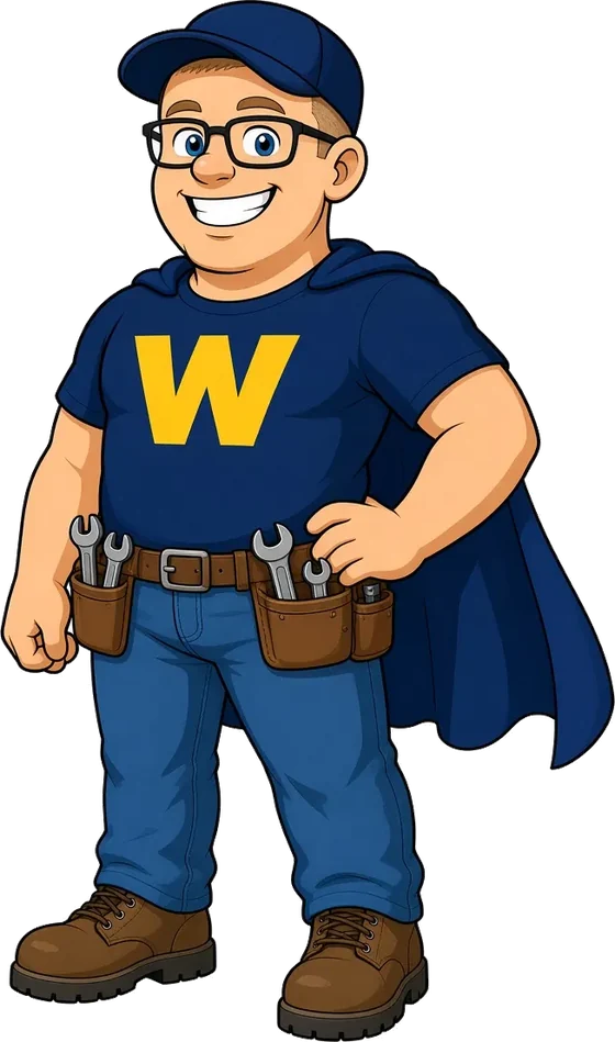 Cartoon of Will as a friendly superhero — navy cape, glasses, big smile